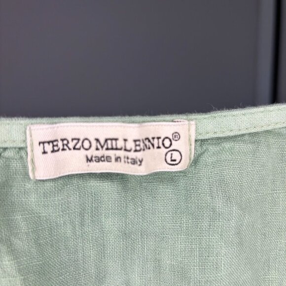 TERZO MILLENNIO Womens L Blouse Pullover Cap Sleeve Italian Linen Green Peplum - Picture 5 of 5